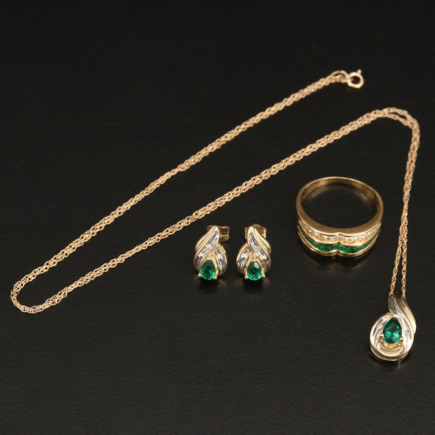 18K Emerald and Diamond Ring with 10K Emerald and Diamond Necklace and Earrings