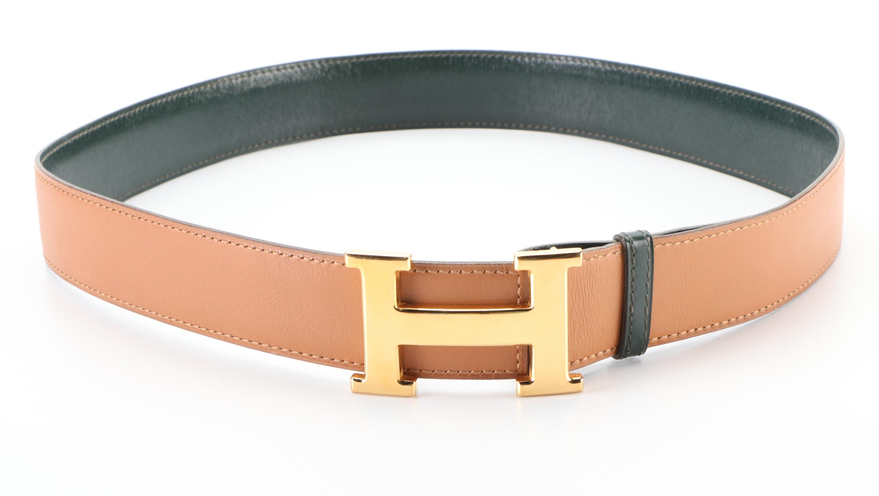 Hermès Reversible Constance H Buckle Belt 32mm in Green/Natural Leather