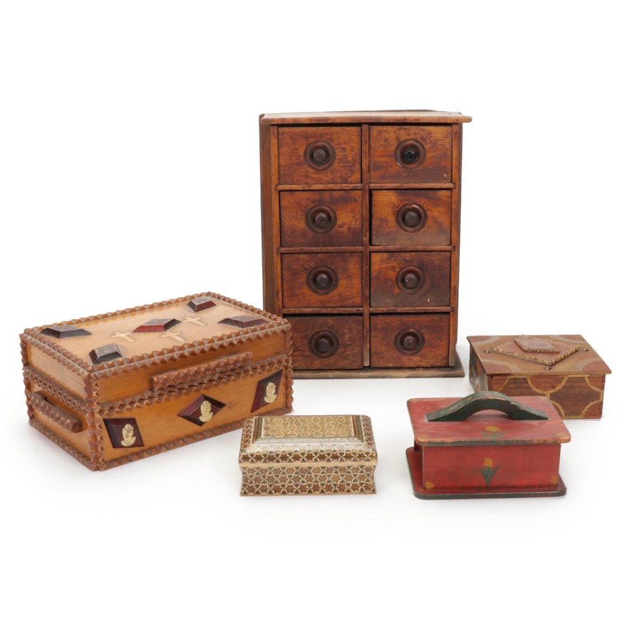 Tramp Art, Folk Art and Other Wooden and Hand-Painted Boxes