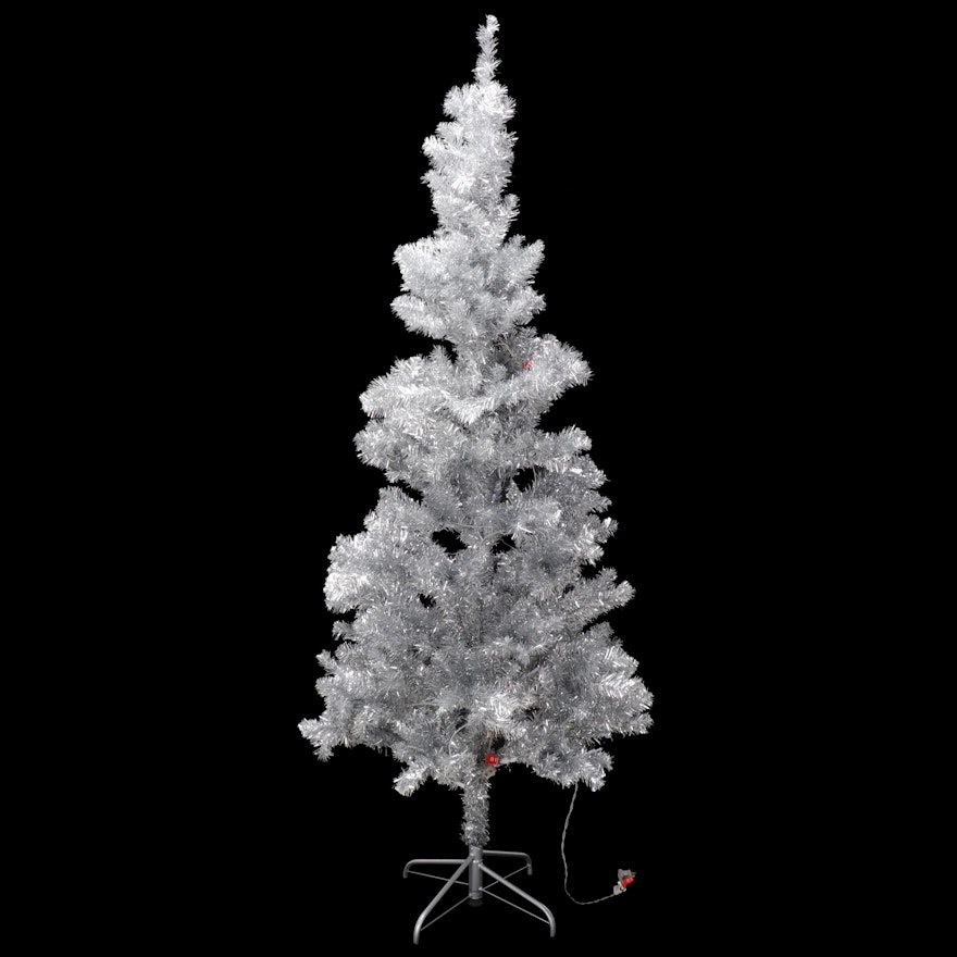 Illuminated Silver Tinsel Christmas Tree