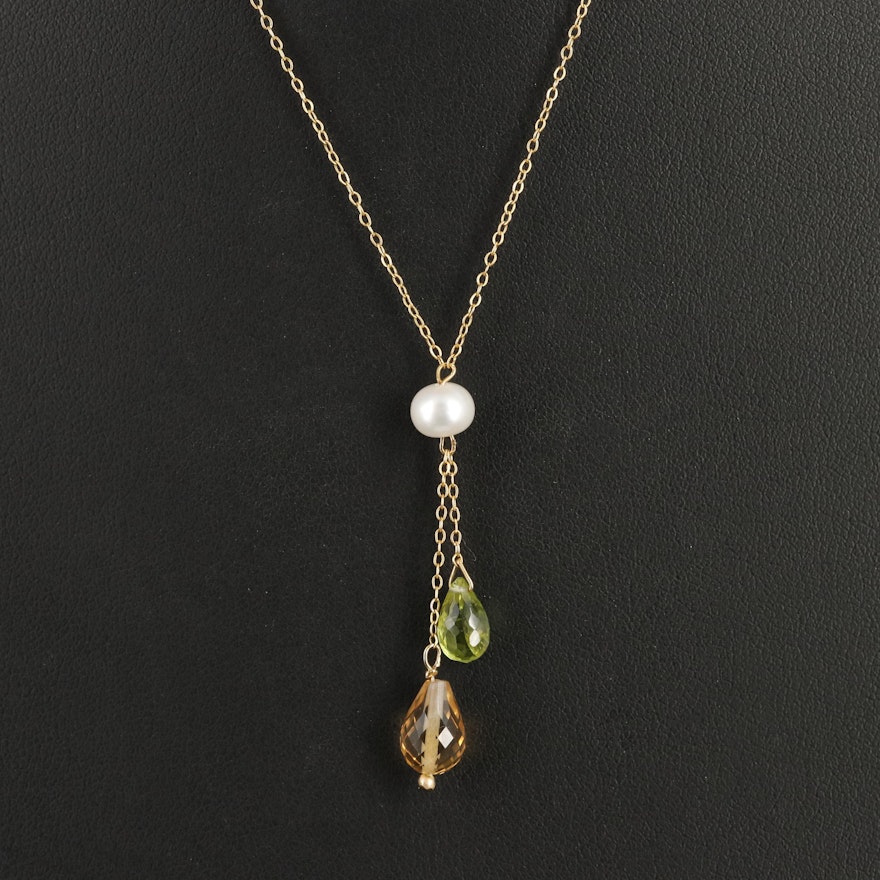 14K Pearl, Peridot and Citrine Y Necklace