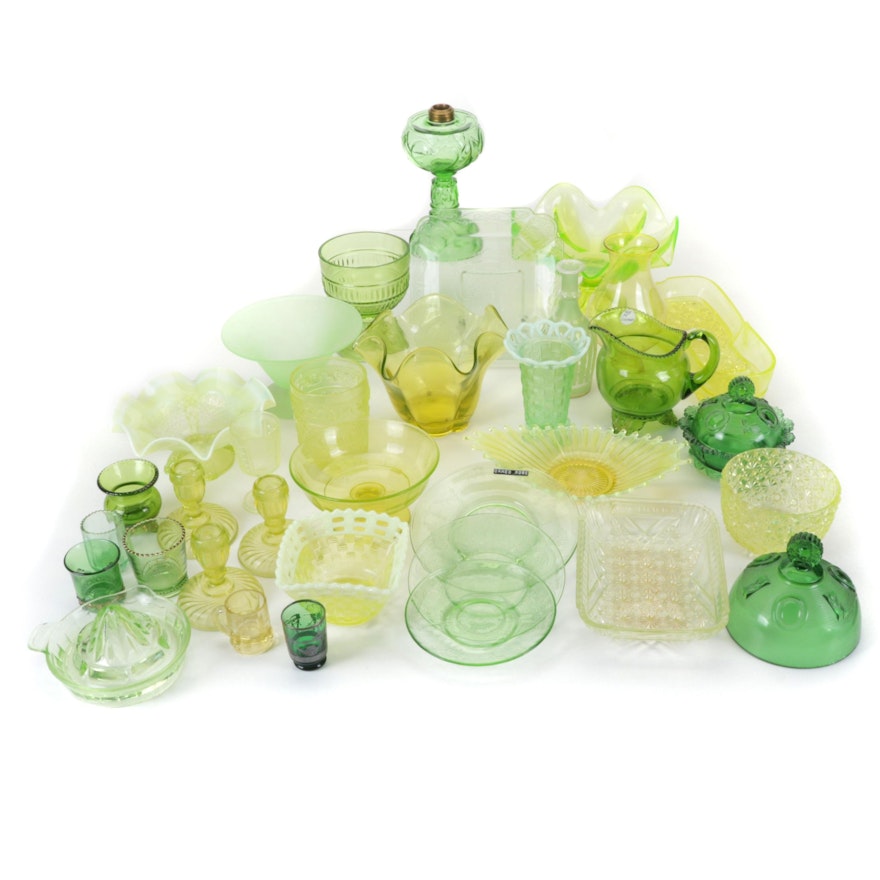 Vaseline & Depression Blown Glass Green & Yellow Bowls, Plates, and More