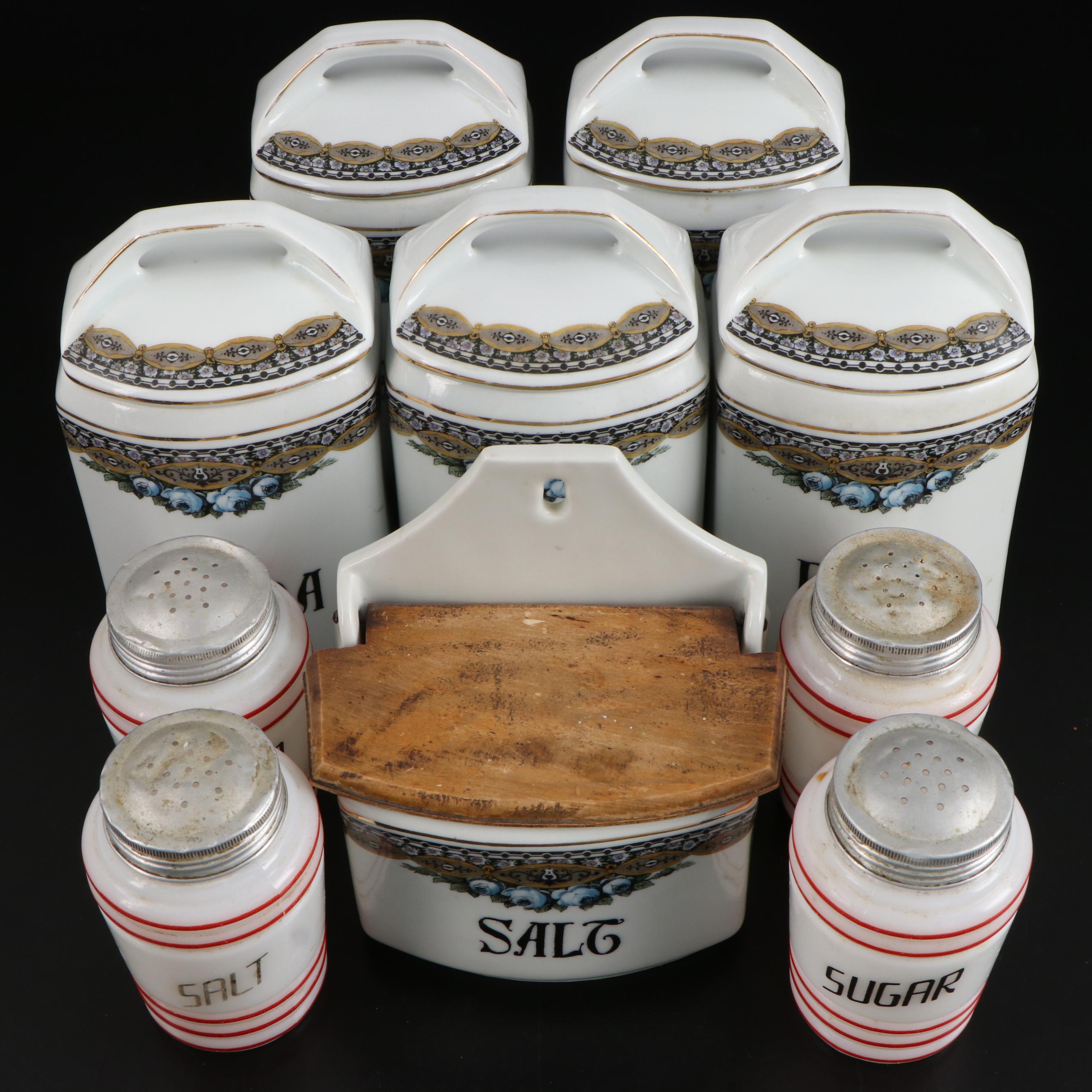 Ernst Wahliss Czechoslovakian Porcelain Food Canisters with Other Glass Shakers