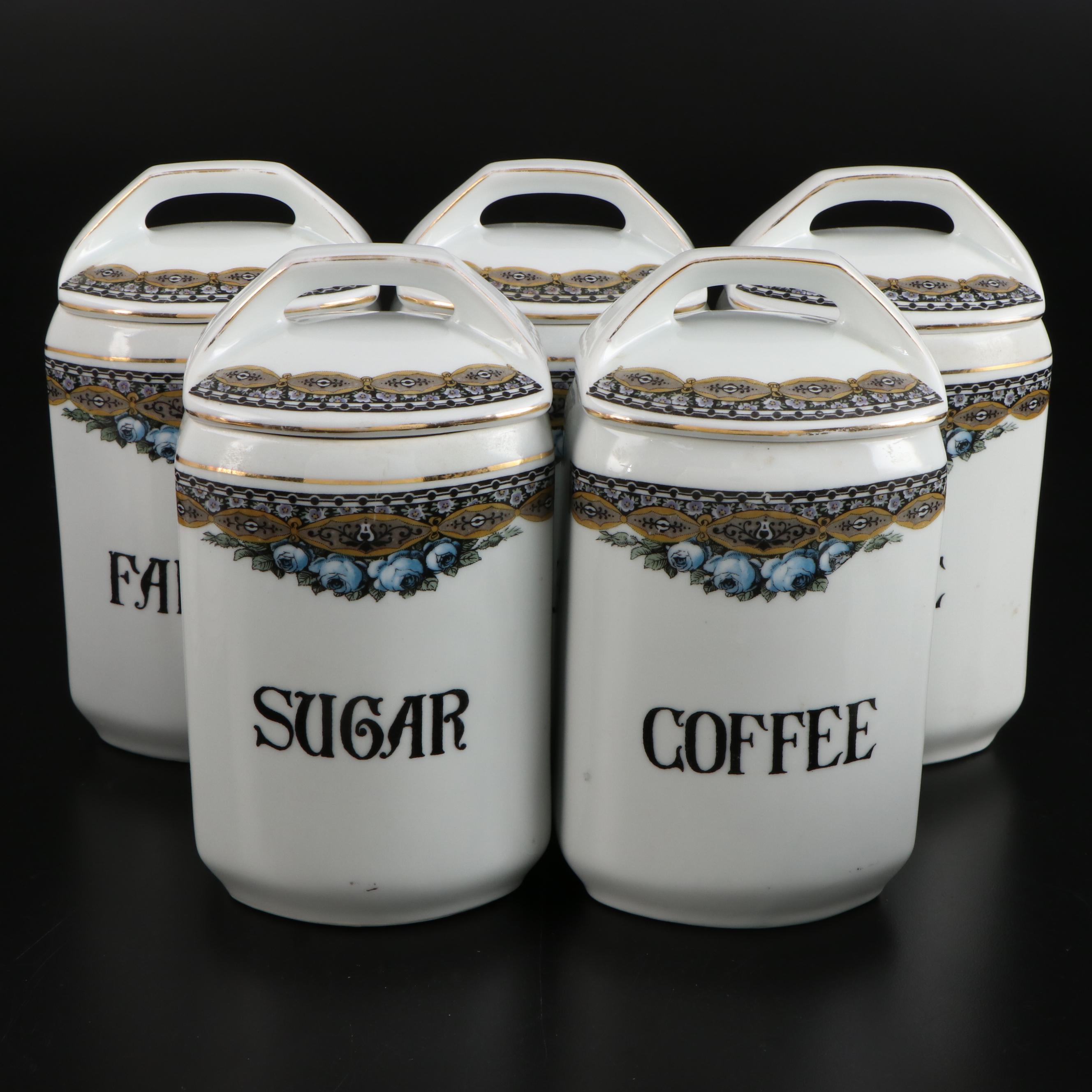 Ernst Wahliss Czechoslovakian Porcelain Food Canisters with Other Glass Shakers