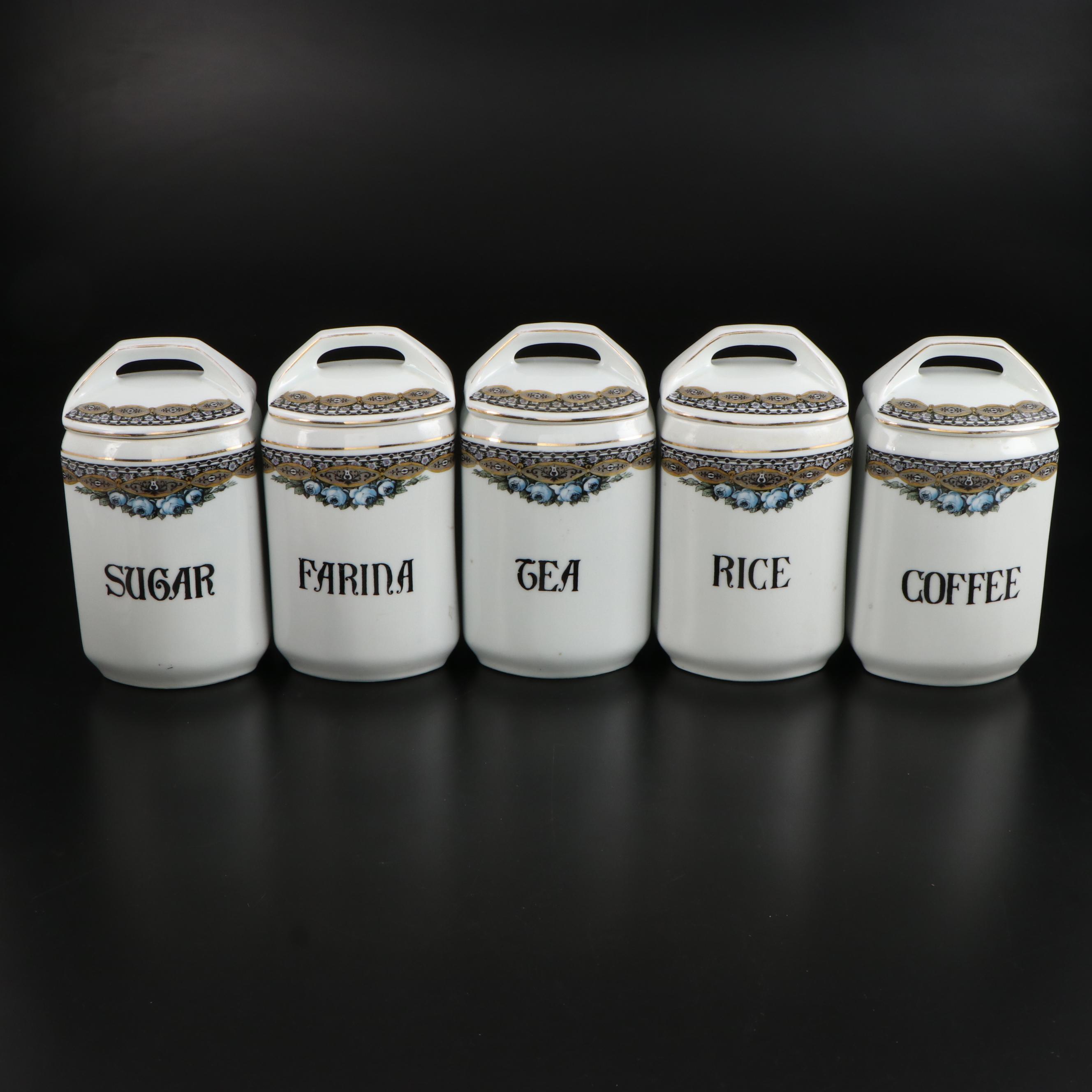 Ernst Wahliss Czechoslovakian Porcelain Food Canisters with Other Glass Shakers