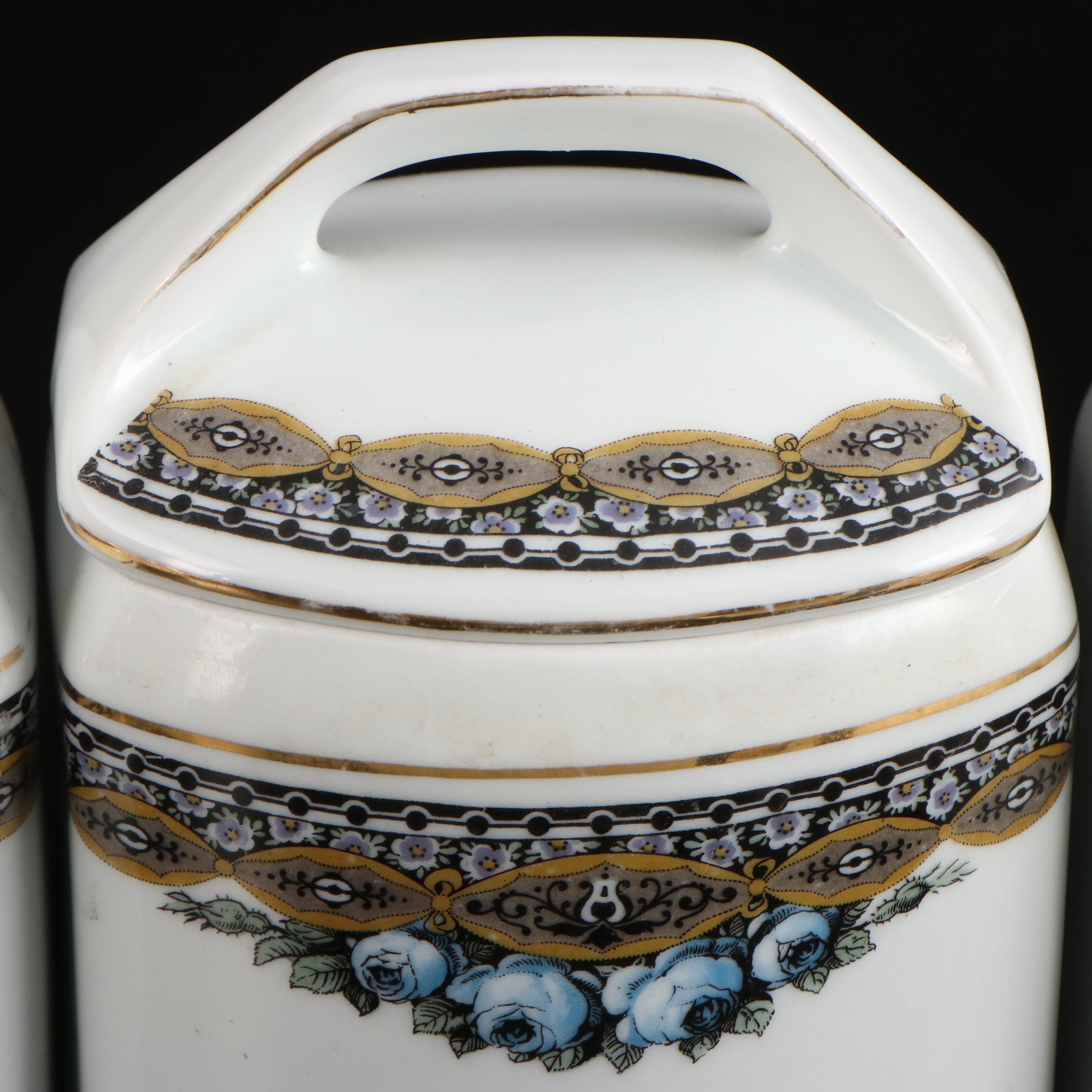 Ernst Wahliss Czechoslovakian Porcelain Food Canisters with Other Glass Shakers