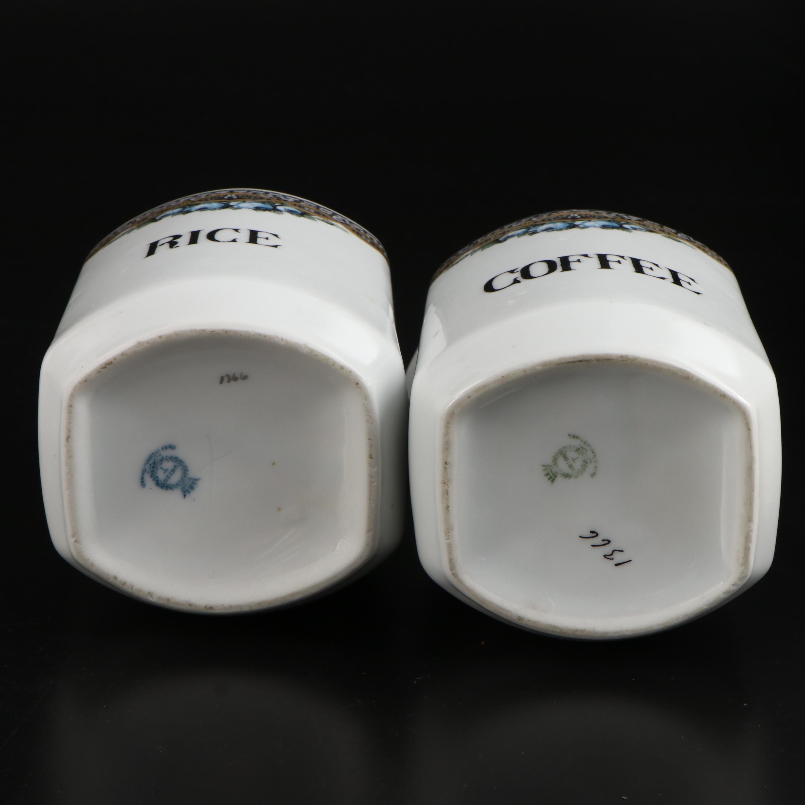 Ernst Wahliss Czechoslovakian Porcelain Food Canisters with Other Glass Shakers