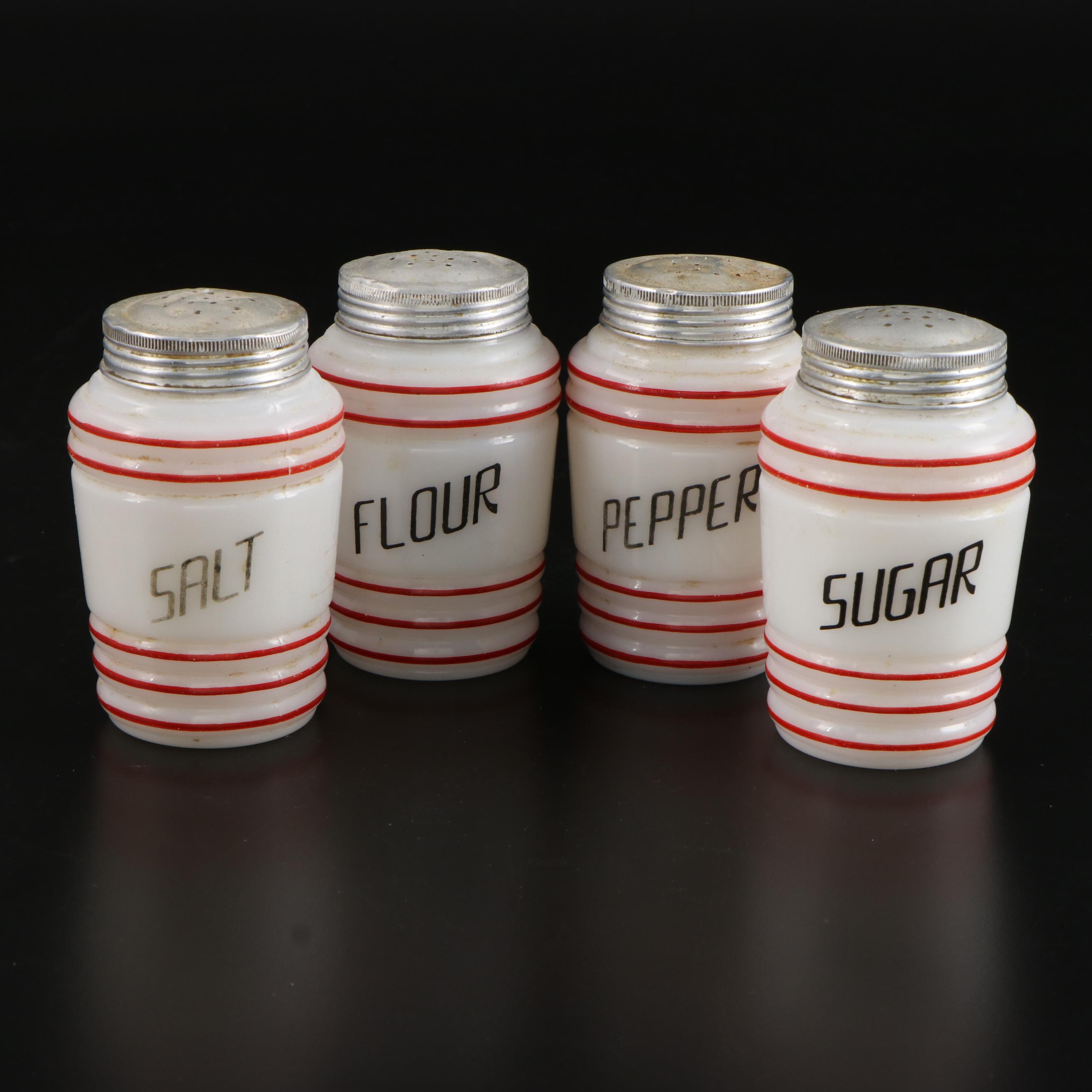 Ernst Wahliss Czechoslovakian Porcelain Food Canisters with Other Glass Shakers