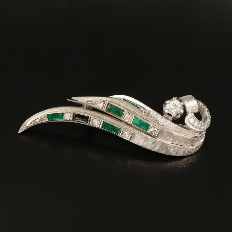 Vintage 14K Emerald and Diamond Brooch with Florentine Finish