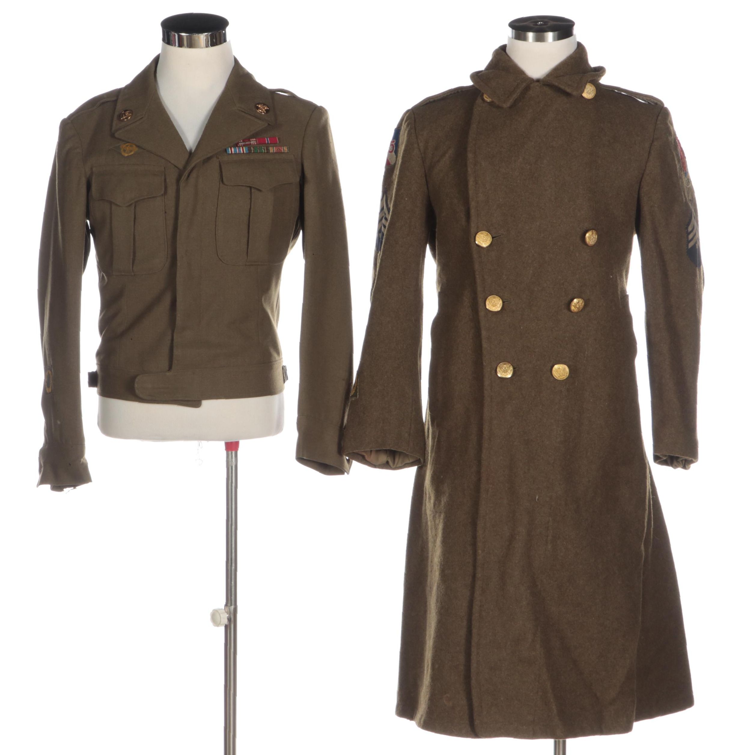 WWII Era U.S. Army Wool Eisenhower Jacket, Trench Coat, Garrison Cap, and Boots