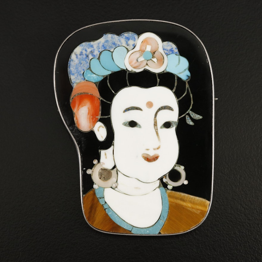 Chinese Tang Dynasty Sterling Imperial Lady Inlay Brooch