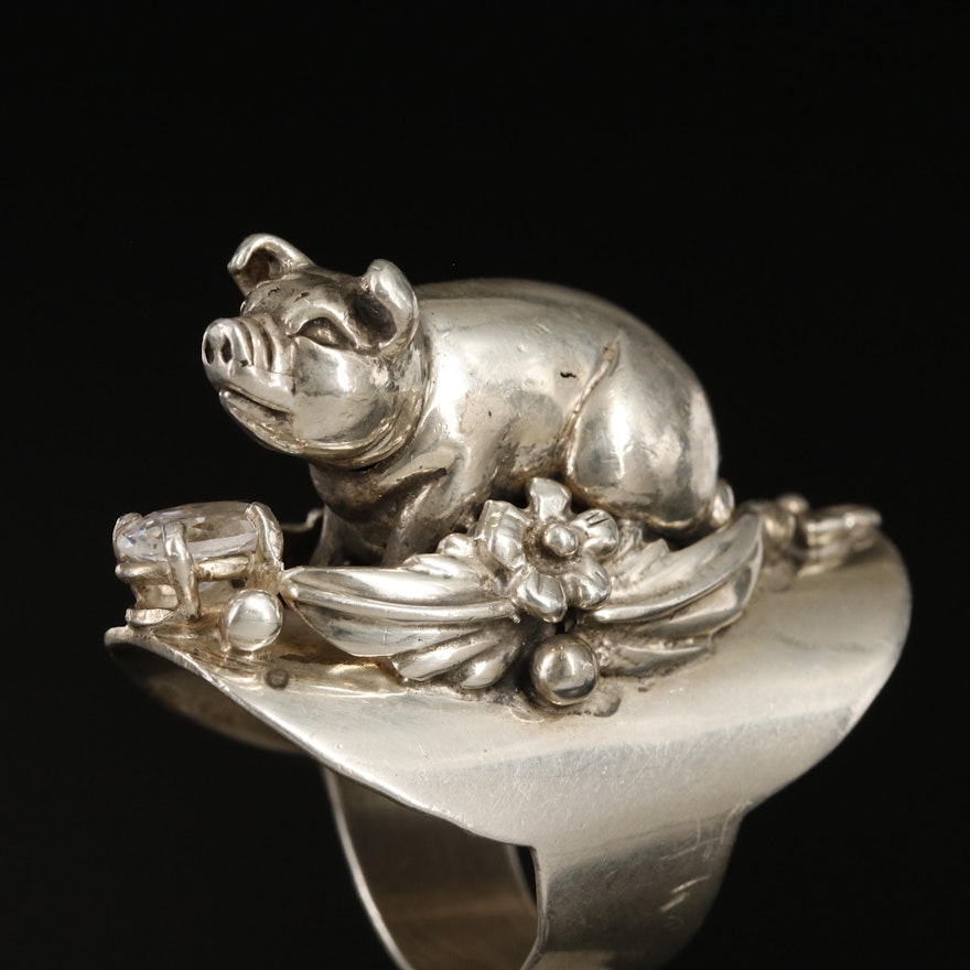 Vintage Sterling Cubic Zirconia Pig Ring