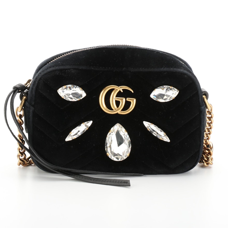 Gucci GG Marmont Crossbody Bag in Crystal-Embellished Quilted Black Velvet