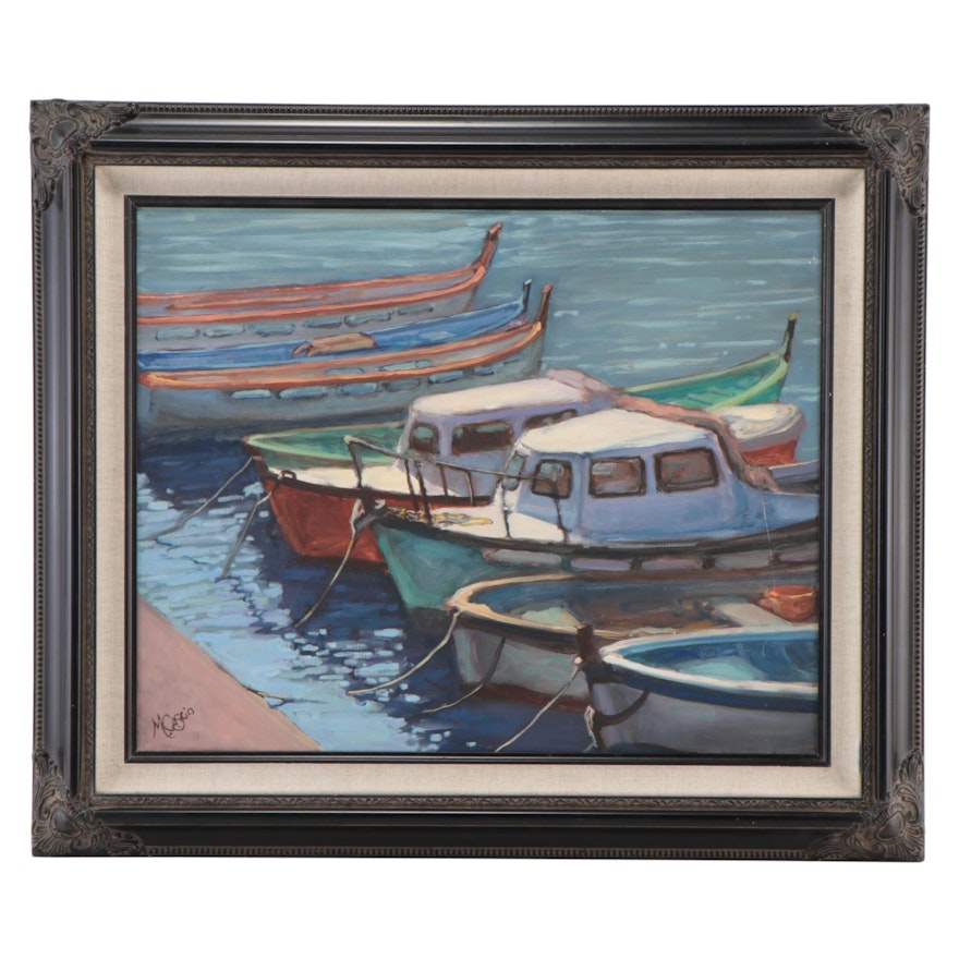 Monica Cascio Oil Painting of Docked Boats, 2022