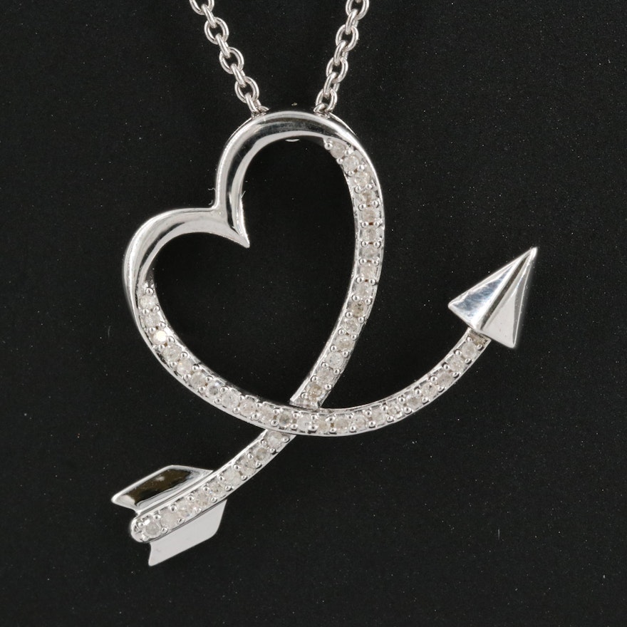 Sterling Diamond Bent Arrow Heart Pendant Necklace