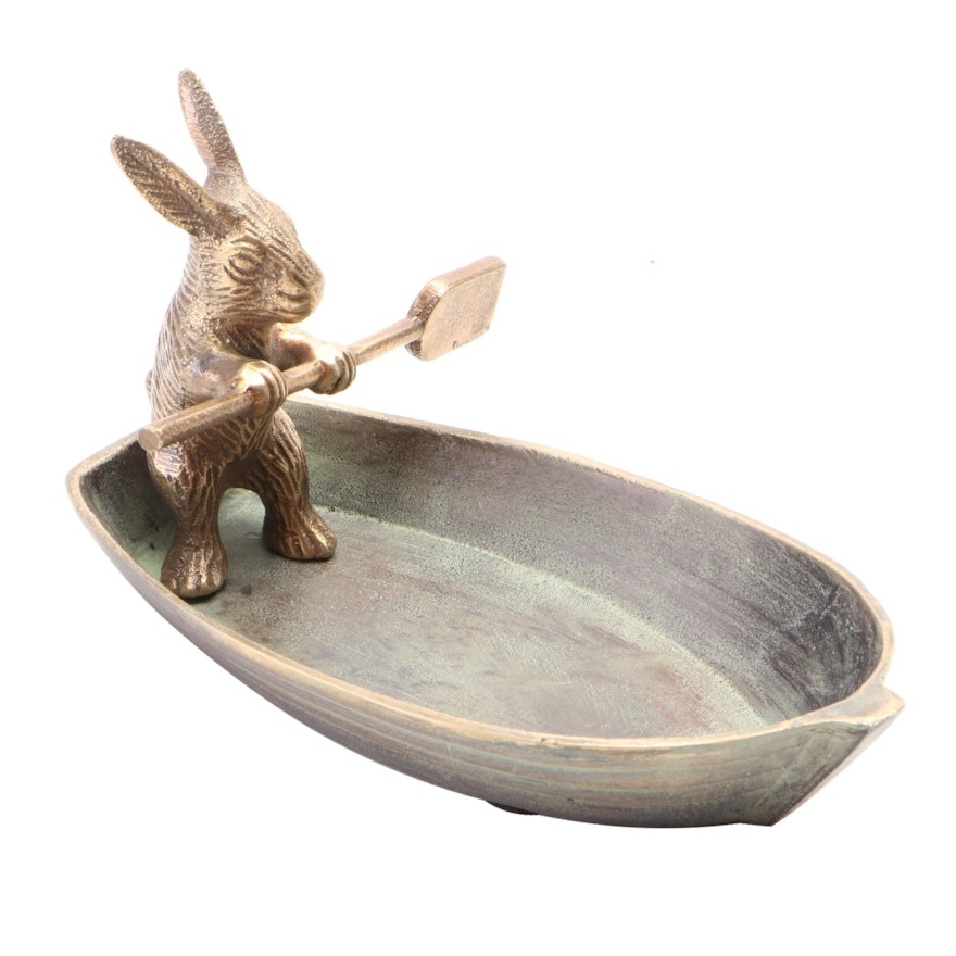 Patinated Cast Metal Bunny in Rowboat Trinket Dish