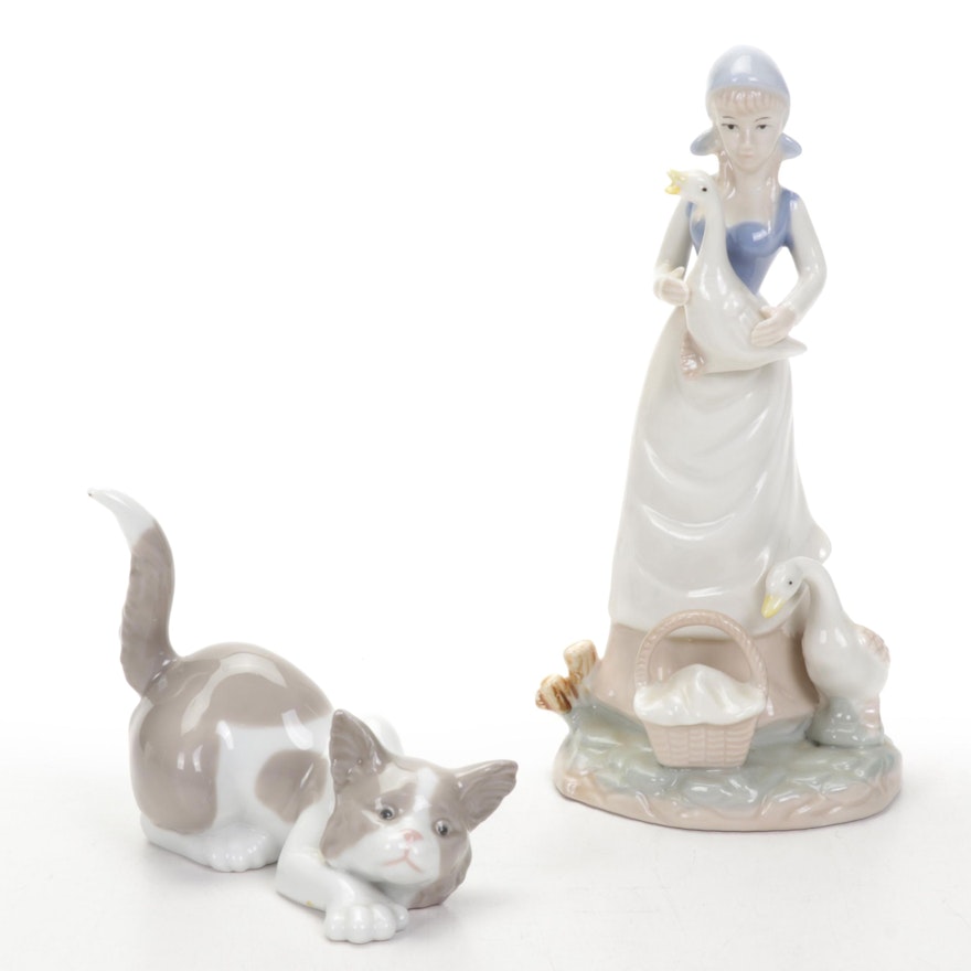 Lladró "Attentive Cat" Porcelain Figurine with Duncan Royale Figurine