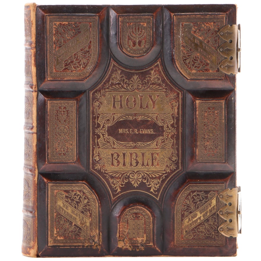 Embossed Leather Bound Pictorial Family Bible with Apocrypha, Late 19th Century