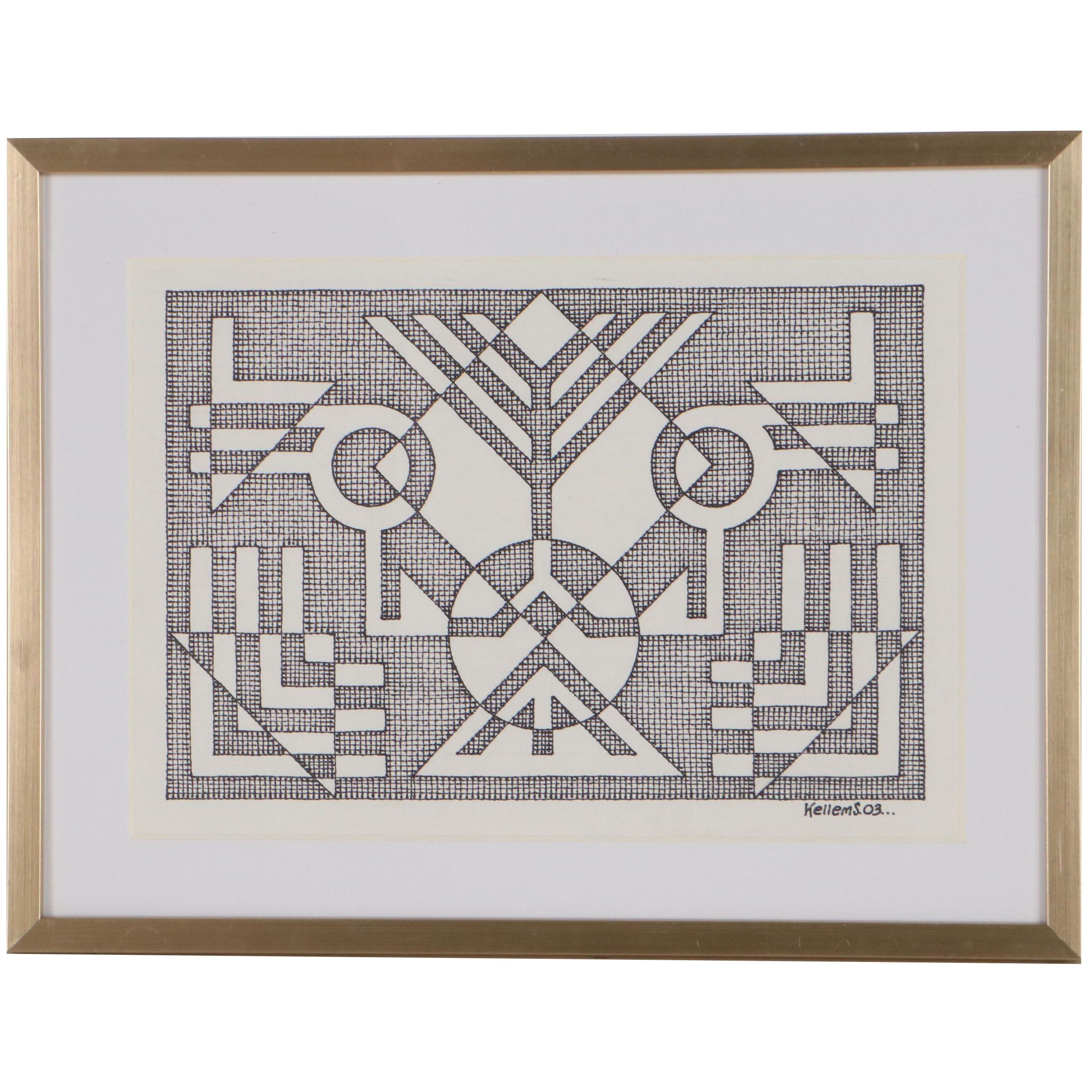 Jerry Kellems Abstract Surreal Ink Drawing, 2003