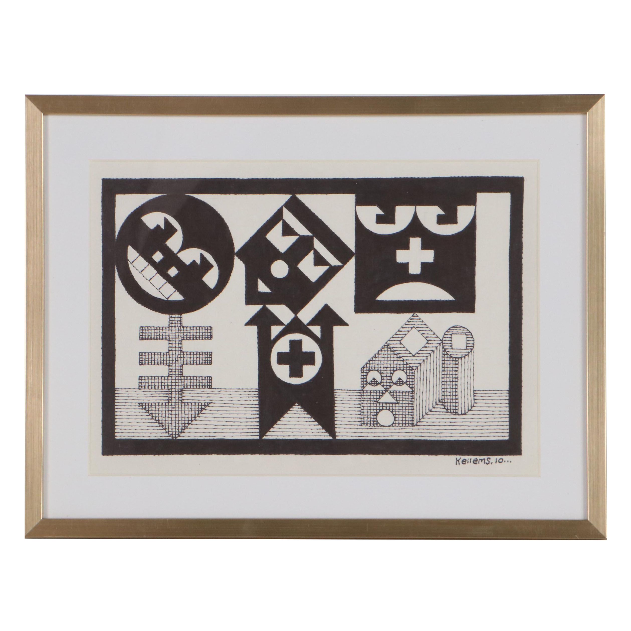 Jerry Kellems Abstract Surreal Ink Drawing, 2010