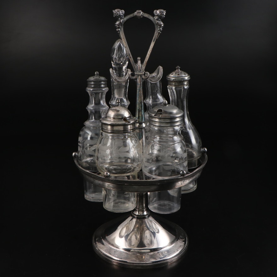 Reed & Barton Silver Plate Victorian Condiment Caddy with Glass Cruets