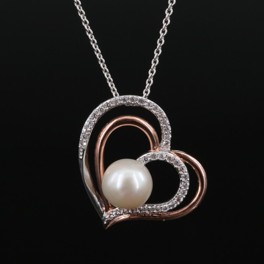 Sterling Pearl and White Sapphire Heart Pendant Necklace