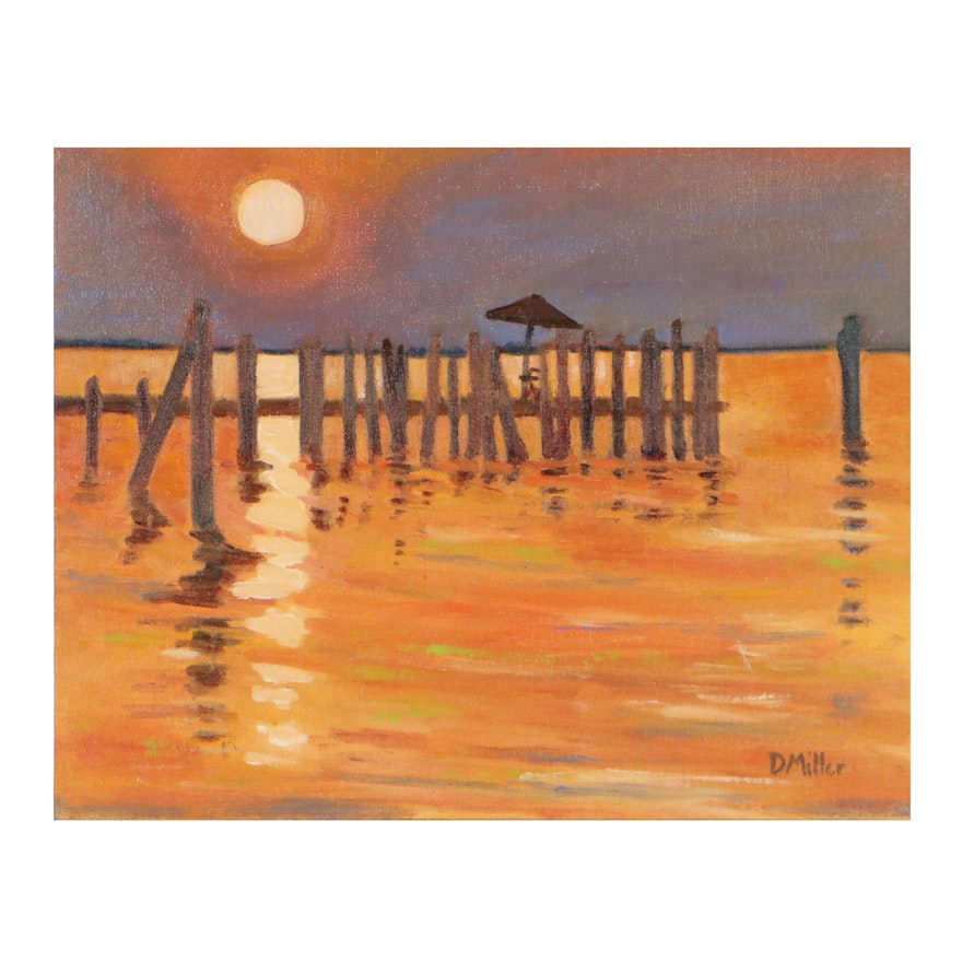 Deborah Miller Oil Painting of Pier at Sunset, 21st Century