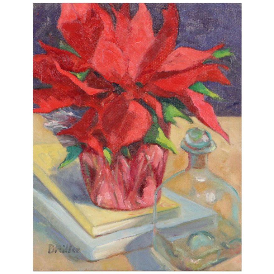 Deborah Miller Still Life Acrylic Painting of Poinsettia, 21st Century