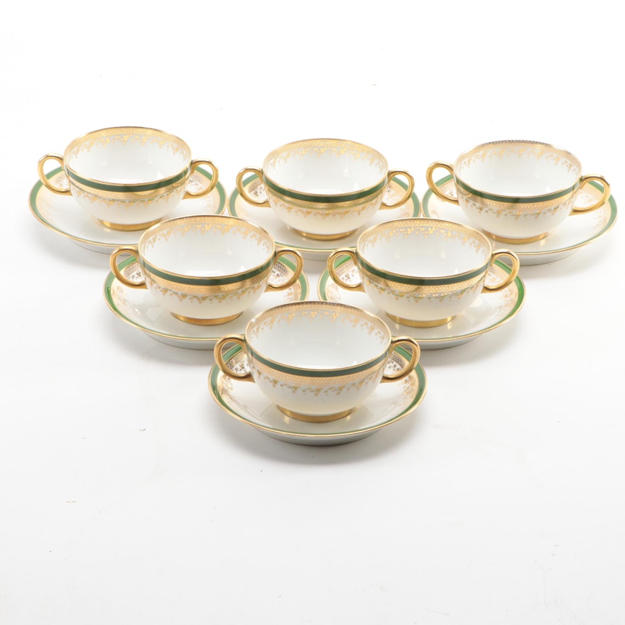 Jean Pouyat Limoges Porcelain Bouillon Cups and Saucers, 20th Century