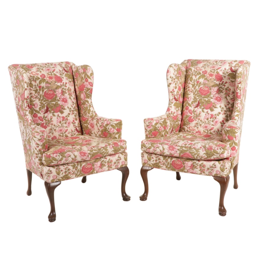 Pair of Hickory Chair Queen Anne Style Wingback Armchairs, Mid to Late 20th C.