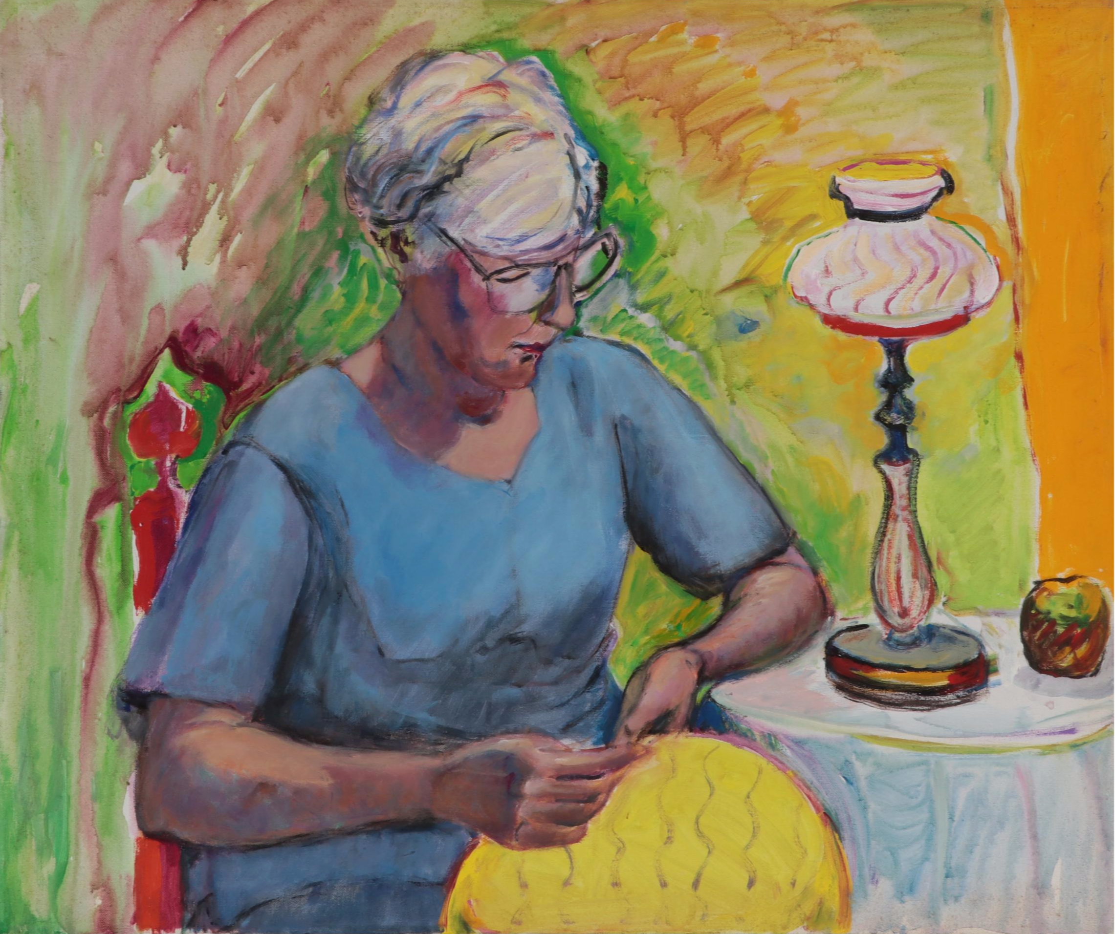 Marion Maas Portrait Oil Painting of Woman Sewing, Late 20th Century