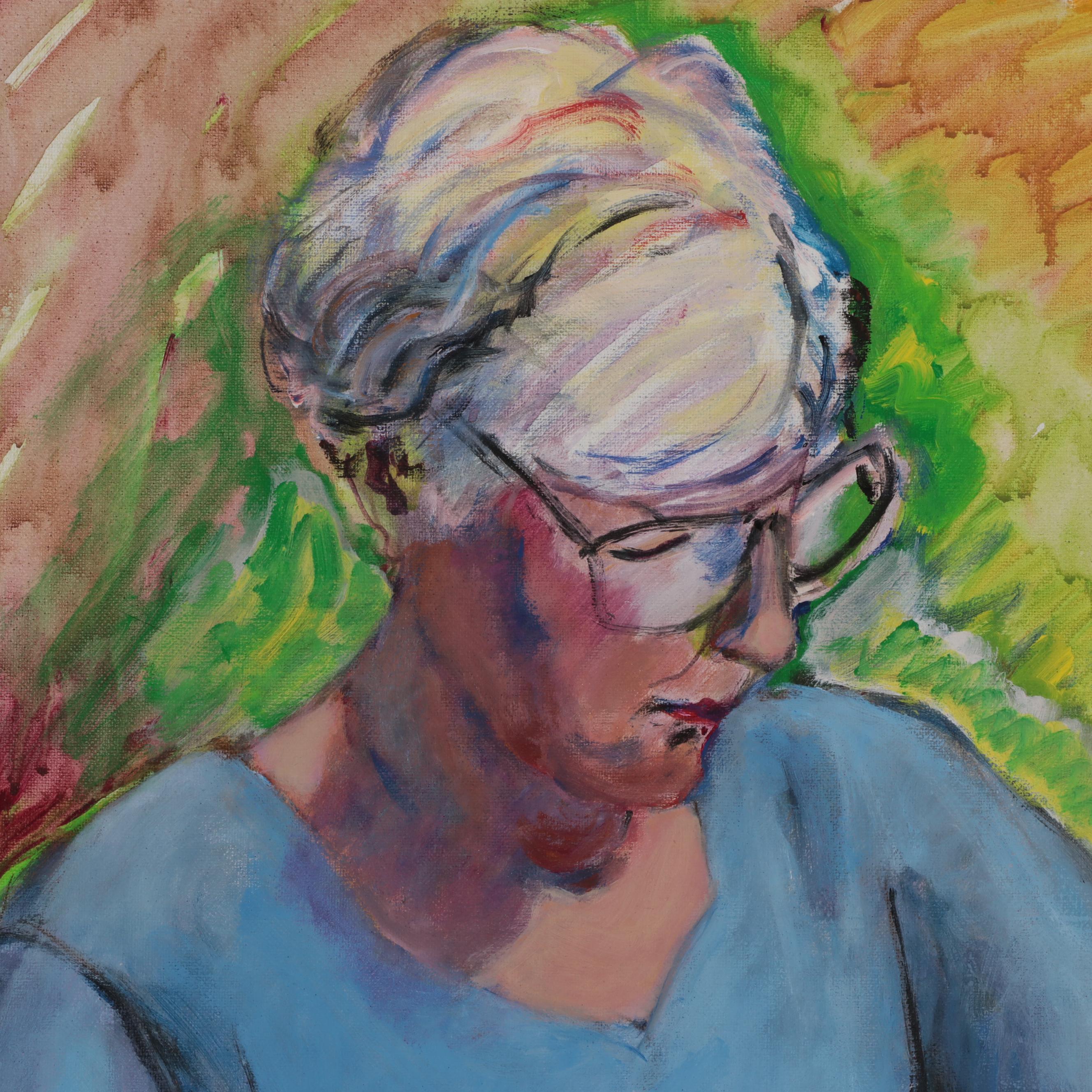 Marion Maas Portrait Oil Painting of Woman Sewing, Late 20th Century