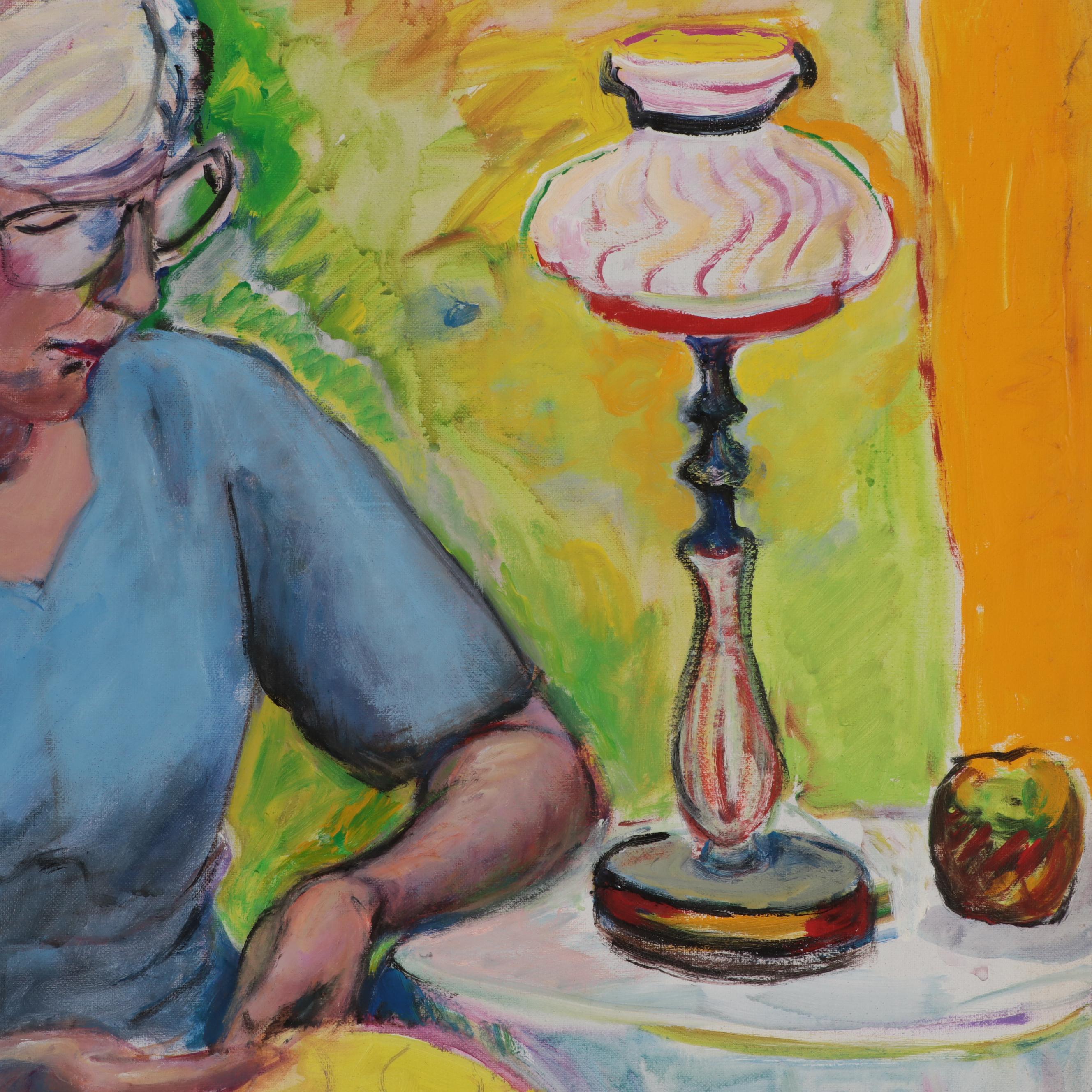 Marion Maas Portrait Oil Painting of Woman Sewing, Late 20th Century