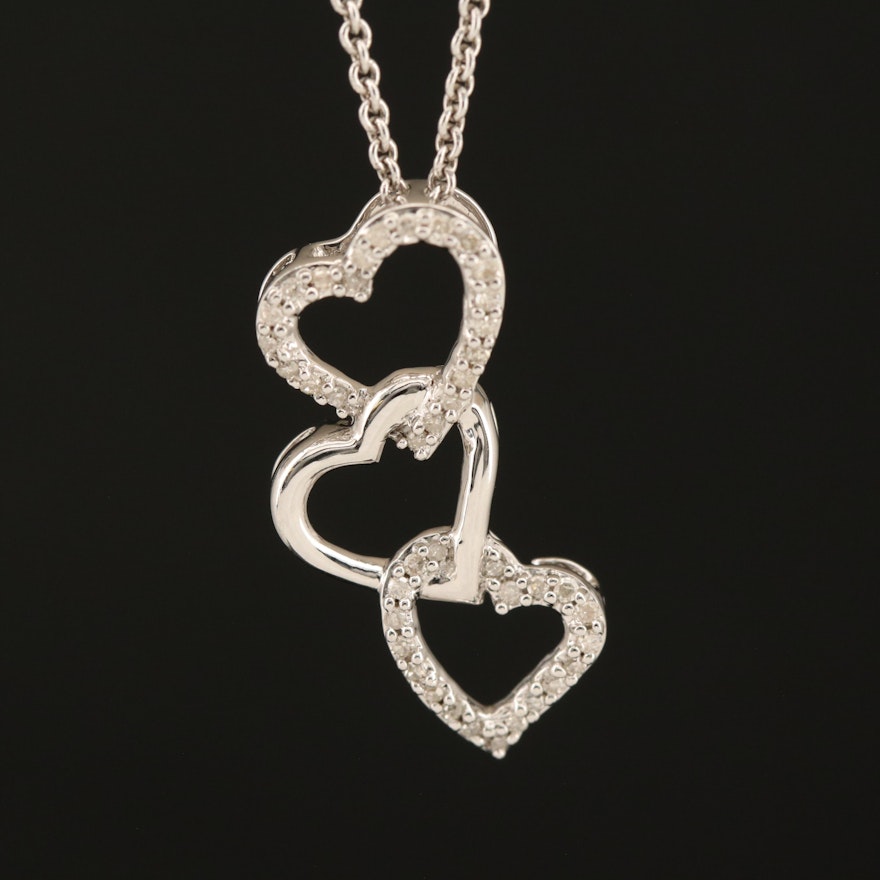 Sterling Diamond Triple Heart Pendant Necklace