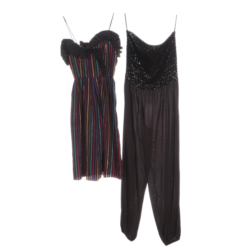 ChaChez Striped Ruffle Trim Dress and Keyloon Sequined Bodice Jumpsuit