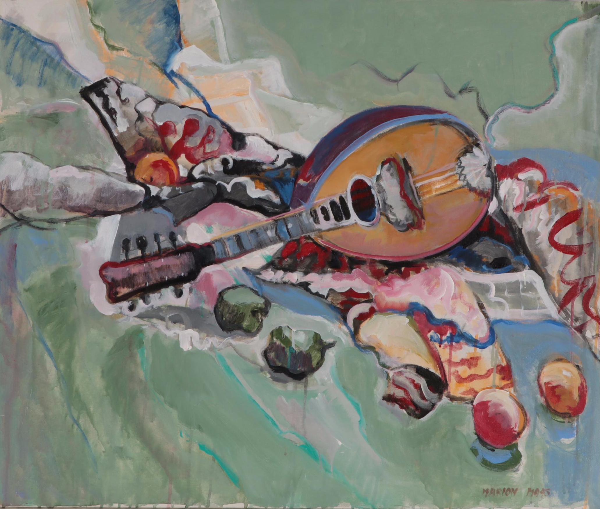 Marion Maas Still Life Oil Painting of Mandolin and Fruit, Late 20th Century