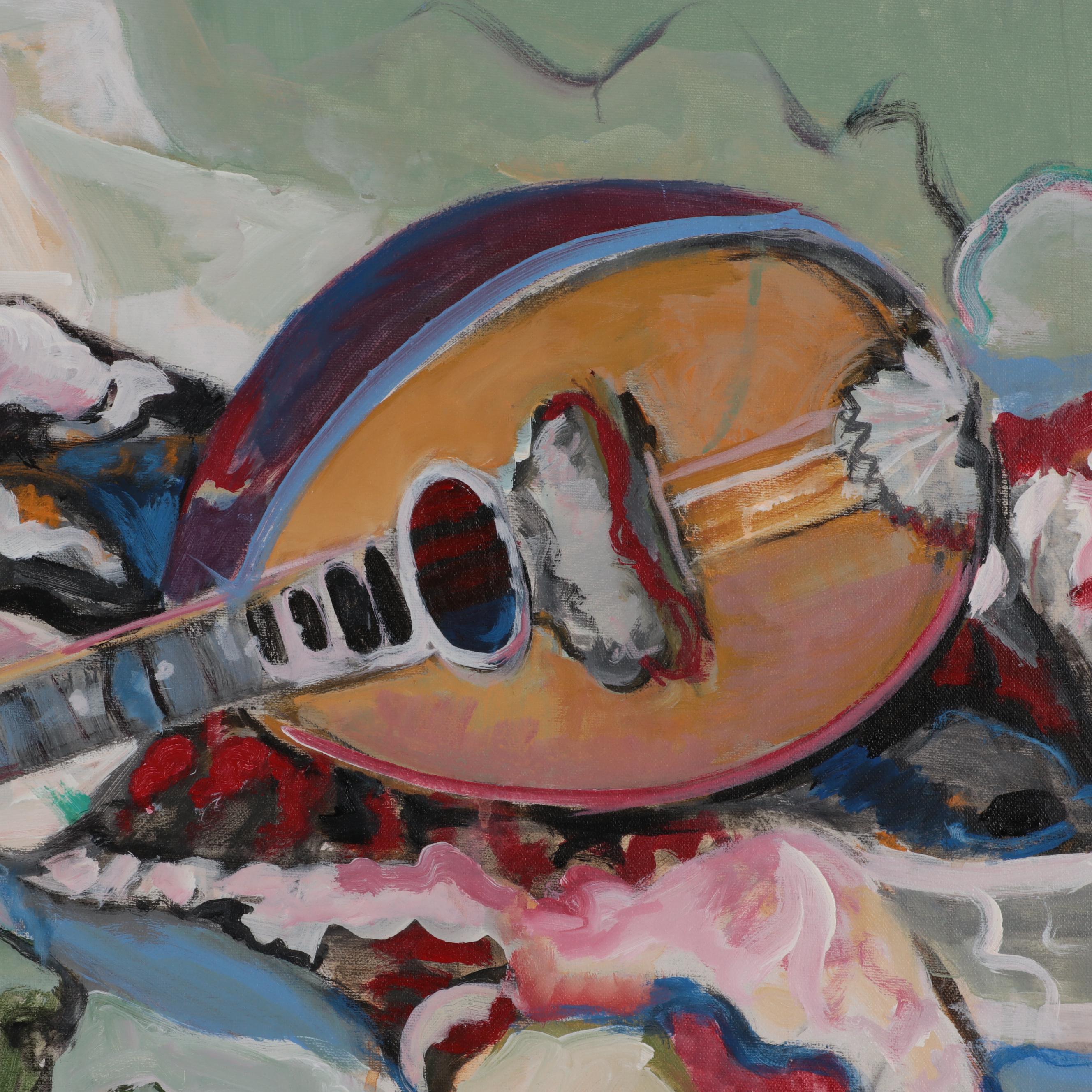 Marion Maas Still Life Oil Painting of Mandolin and Fruit, Late 20th Century