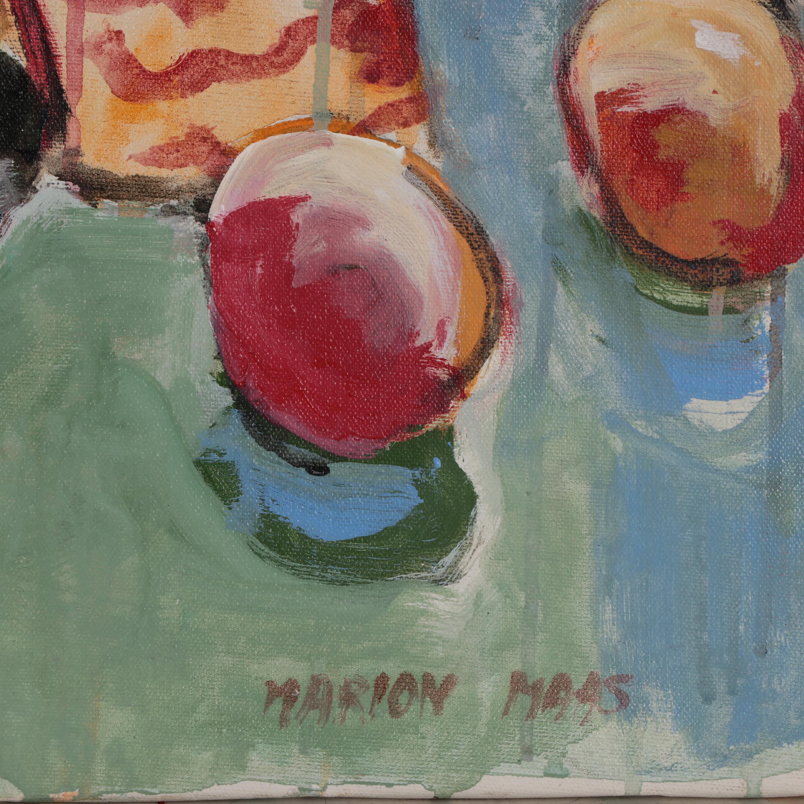 Marion Maas Still Life Oil Painting of Mandolin and Fruit, Late 20th Century