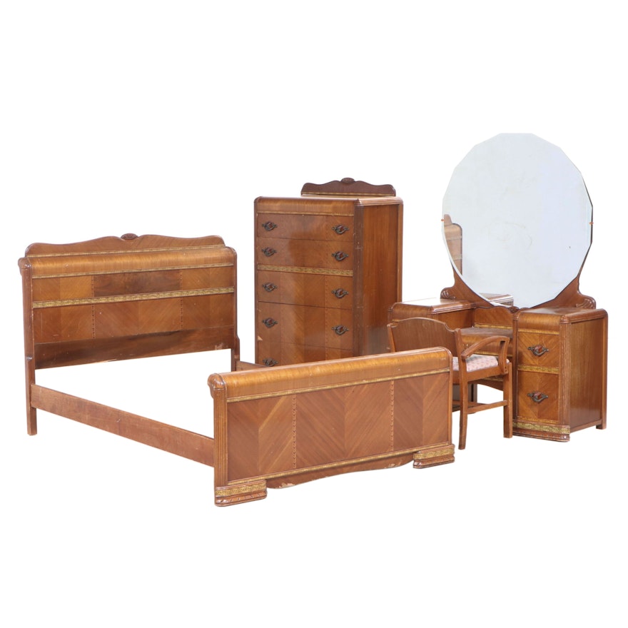 Art Deco Inlaid Walnut Veneered Full-Size Bedroom Suite, 1930s