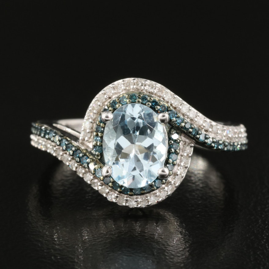 Sterling Silver Aquamarine and Diamond Ring