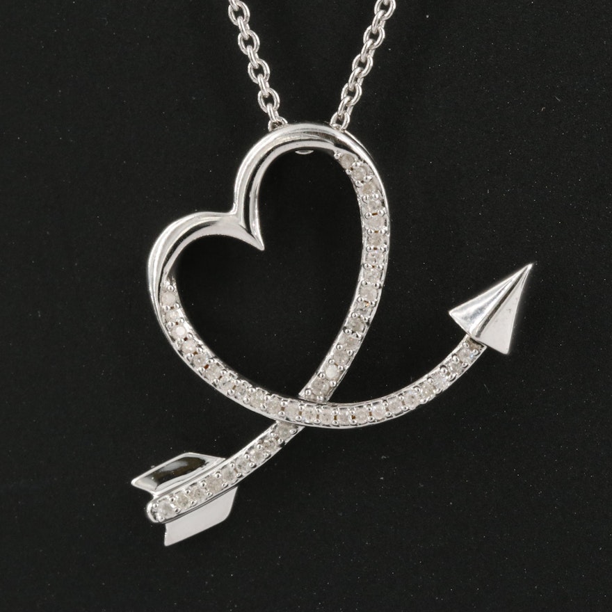 Sterling and Diamond Curved Arrow Heart Pendant Necklace