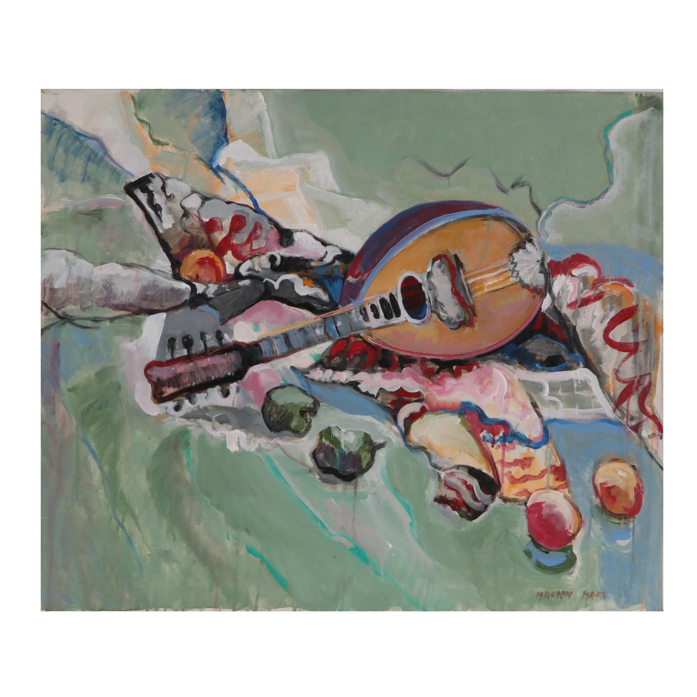 Marion Maas Still Life Oil Painting of Mandolin and Fruit, Late 20th Century