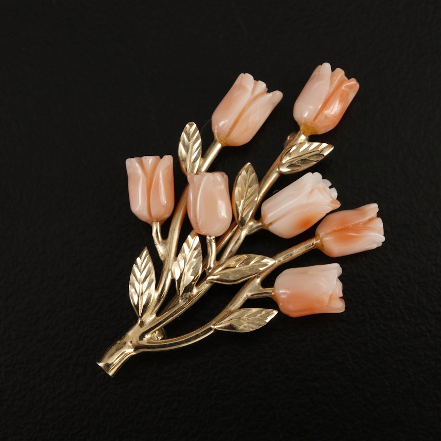 1960s 14K Carved Coral Tulip Spray Brooch