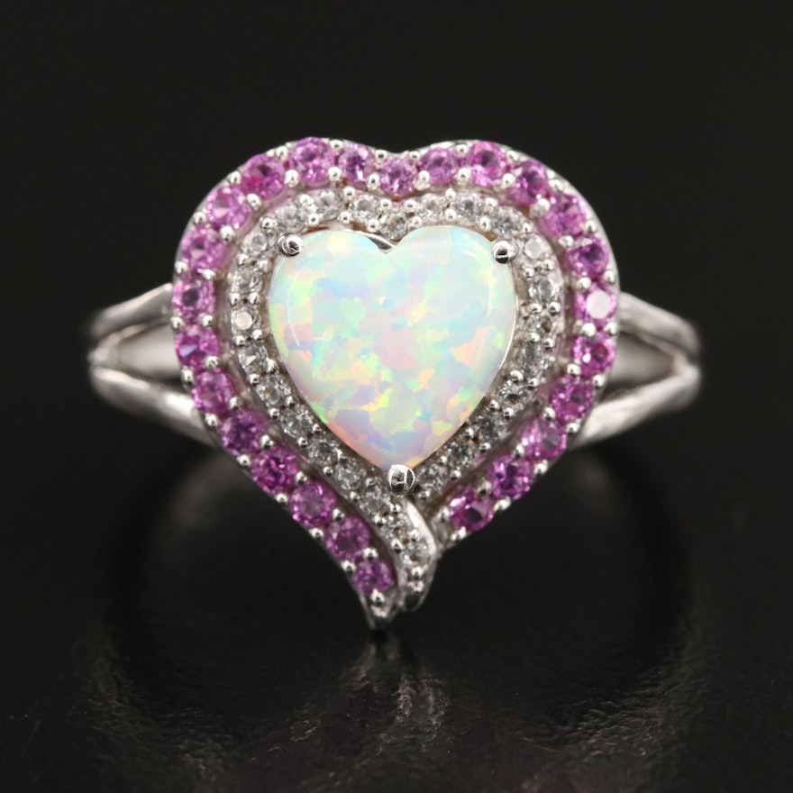 Sterling Heart Ring with Ruby, Opal and White Sapphire