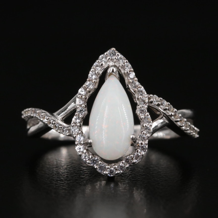 Sterling Opal and Sapphire Halo Ring with Twist Shoulders