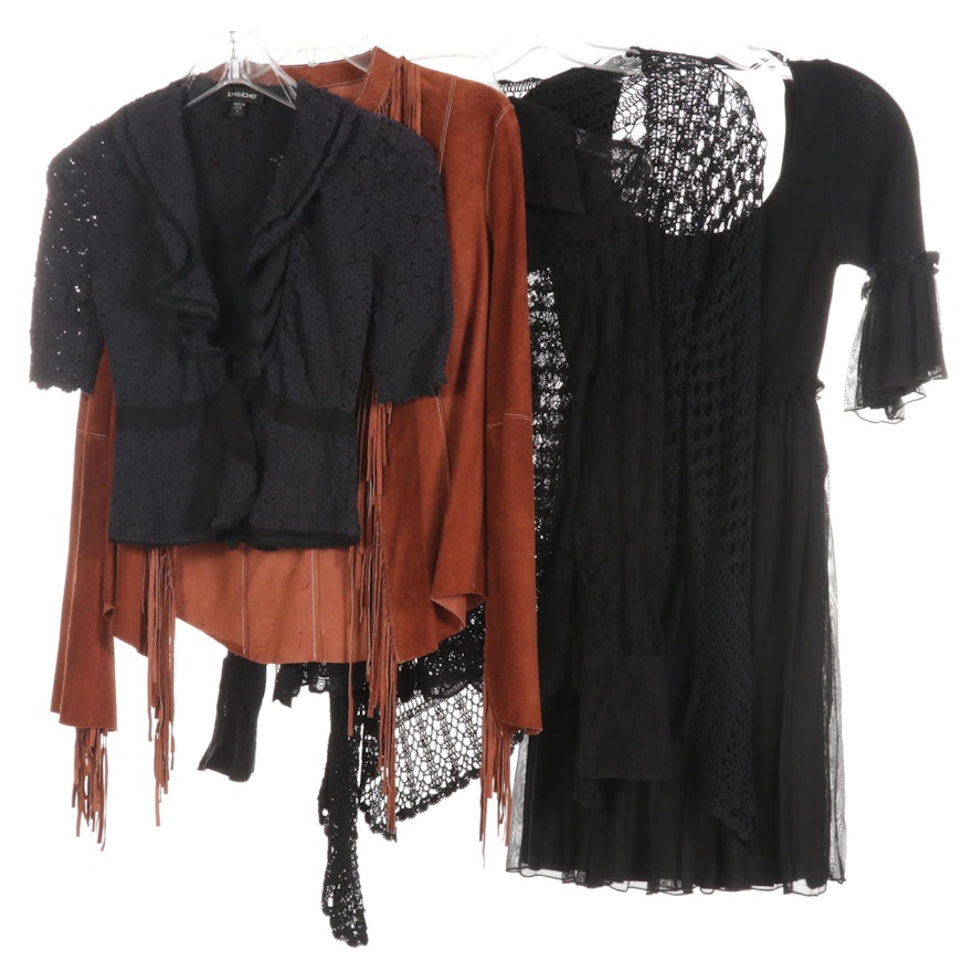 Bebe Netted Tops, Leather Jacket, and Dress