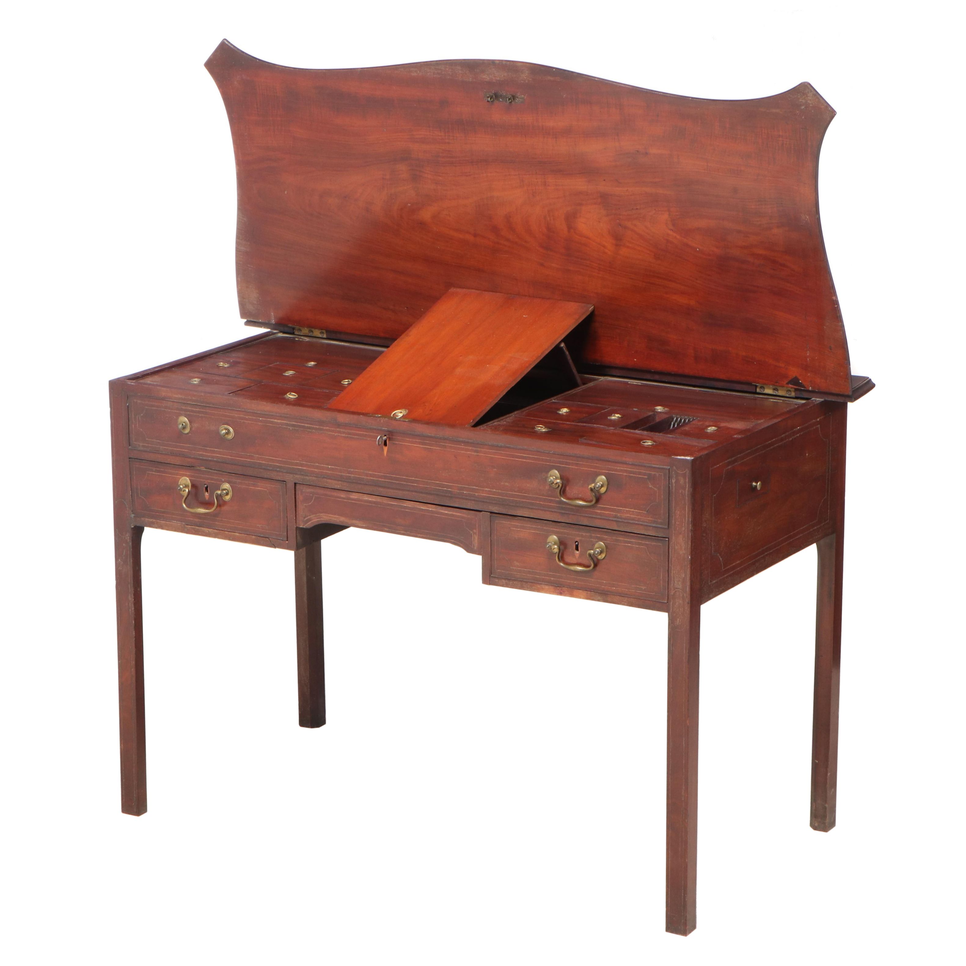 English String-Inlaid Mahogany Enclosed Writing or Dressing Table, 19th Century