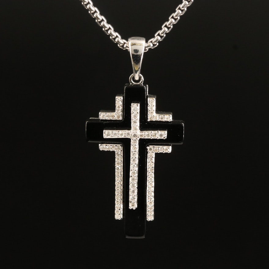 Sterling Black Onyx and Diamond Cross Necklace