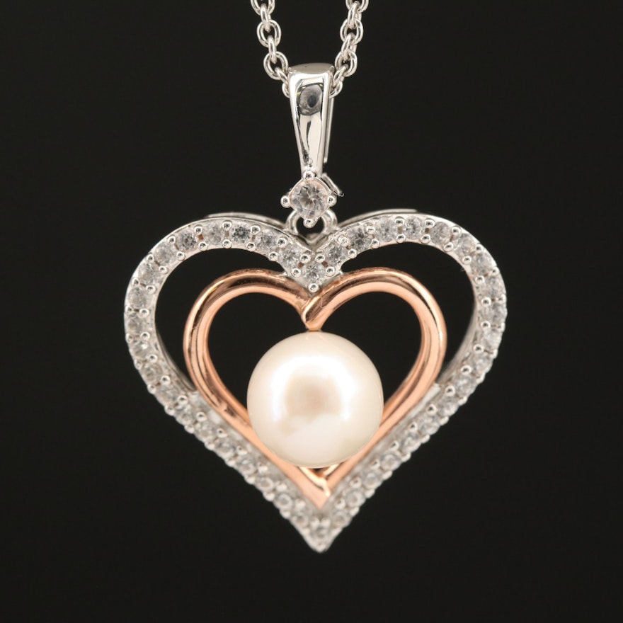 Sterling Pearl and Sapphire Heart Pendant Necklace