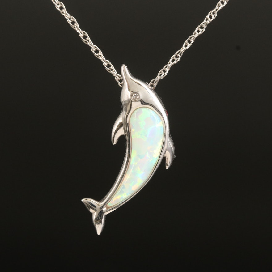 Sterling Opal and Diamond Dolphin Pendant Necklace